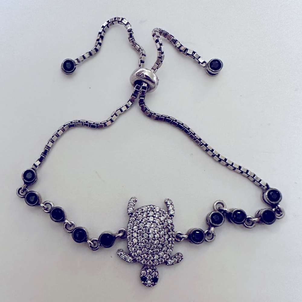 925 Silver turtle bracelet black and clear cubic zirconia cz stones